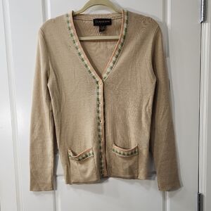 Vintage Donna Karan 100% Wool Cardigan, Beige with Green and Orange Trim. Medium